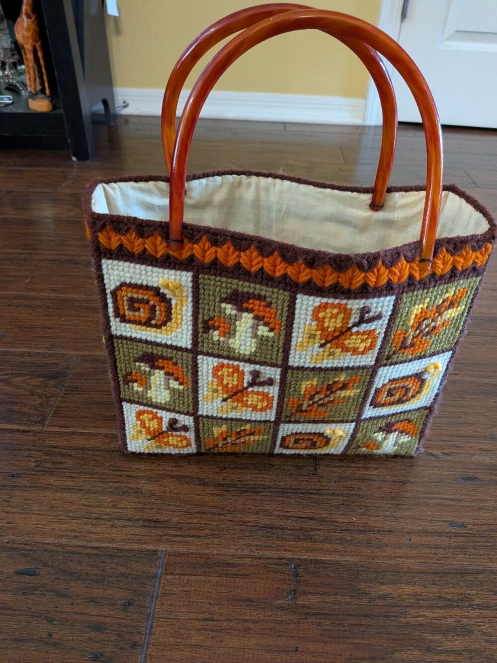 Vintage 1970s Artisan Needlepoint "Forest Naturals" Patchwork Tote